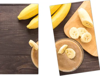 Produktbild von Spritzschutz Herdabdeckplatte Schneidebrett aus Glas Smoothie aus Bananen 2-Teilig (60x52cm)