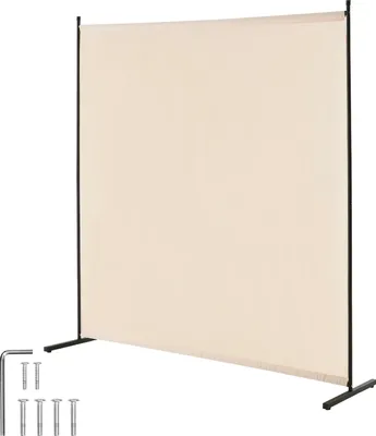 A freestanding room divider with a beige fabric panel and a black metal frame, shown against a white background. Some screws and an Allen wrench are visible in the bottom left corner.