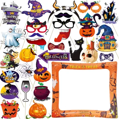 Produktbild von Riesiger aufblasbarer Halloween-Selfie-Rahmen mit 30 lustigen Requisiten. Einfache Installation. Fotoautomaten-Requisiten im Halloween-Stil. Party-Dekorationszubehör