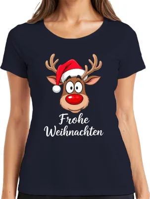Produktbild von Frohe Weihnachten Rentier Rudolf Cartoon Niedlich Lustig Geschenk Damen T-Shirt, Navy, S