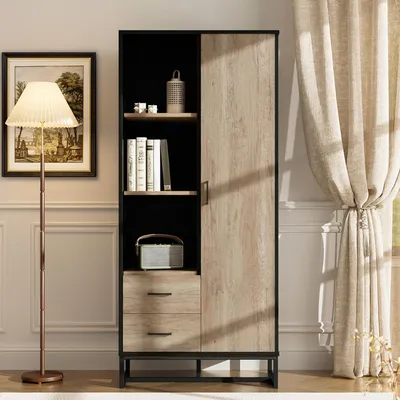 Produktbild von Highboard 80x40x180cm, Holzoptik, Tür, 2 Schubladen, 3 offene Fächer, für Wohnzimmer/Büro/Flur. Natur