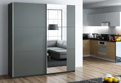 Produktbild von Schiebeschrank Bastia 200 cm mit Spiegel, Kleiderschrank Schlafzimmer, Wohnzimmer - 200 x 215 x 65 Farbe: Graphite, Schwebetürenschrank mit 2 Kleiderstange und Ablagen; Mehrzweckschrank