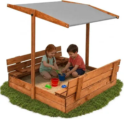 Imagen del producto de Caja de arena de madera de 120x120 cm con techo, arenero infantil en color marrón-gris