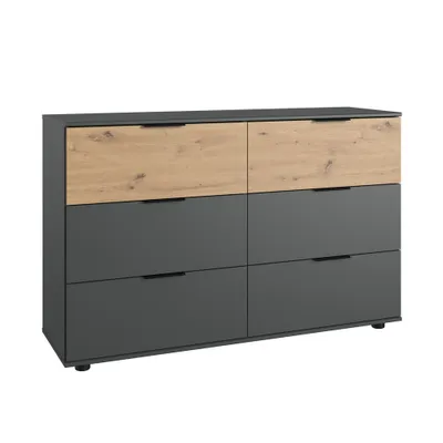 Produktbild von Schlafzimmer Schubkastenkommode mit 6 Schubladen in graphit mit Artisan Eiche Nb. GRANADA-43, B/H/T ca. 130/83/41 cm