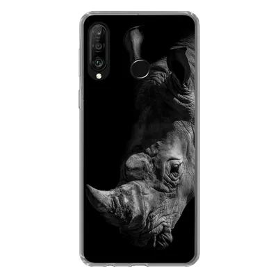 Produktbild von MuchoWow® Handyhülle Schutzhülle Hülle für Huawei P30 Lite Nahaufnahme eines Nashorns auf schwarzem Hintergrund Silikon Softcase Handy Hülle - Handyhülle