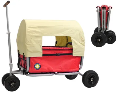 Produktbild von Beachtrekker LiFe faltbarer Bollerwagen, klappbarer Handwagen (Rot) + Feststellbremse + Sonnenverdeck