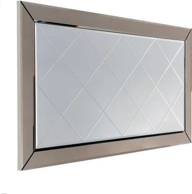 A rectangular mirror with a silver frame and a diamond-patterned glass surface.