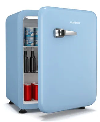 Produktbild von Klarstein Audrey Evo 68L Retro Mini Kühlschrank - Leise 40 dB, Kompakter Kühlschrank Klein mit Verstellbaren Füßen, Wendetür, Mechanischem Thermostat, Blau, Ideal für Schlafzimmer und Büros