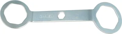 A metal wrench with two hexagonal openings on a white background.