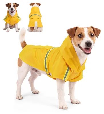 Immagine prodotto di Impermeabile per cani con cappuccio, strisce riflettenti, colore giallo, taglia 3XL