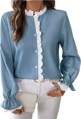 Produktbild von Langarmbluse Elegantes, lässiges Rüschen-Spitzenhemd für Damen mit Knopfleiste langen Ärmeln, Rundhalsausschnitt, Business-Arbeitsbluse