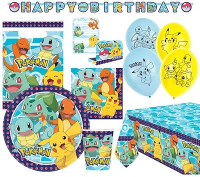 Produktbild von Pokémon Partyset für Kindergeburtstag 56-teilig, Teller 23 cm, Tischdecke 120x180 cm