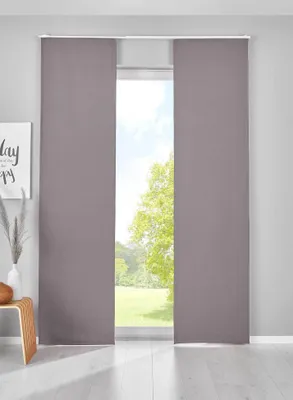 Two panel curtains are shown hanging in front of a window with a view of trees and grass.