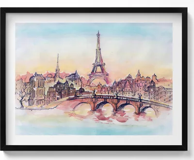 Produktbild von Gemalte Ansicht von Paris– Wandbild mit Rahmen – Gerahmtes Bild  – Wanddekoration – 80x60 cm –  Schwarz Rahmen