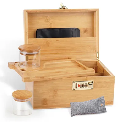 Productafbeelding van Grote bambusdoos met cijferslot, decoratieve opbergdoos voor thuis, cadeau, opbergdoos met glazen containers, een dienblad en herbruikbare zakjes.