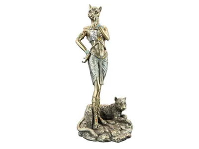 Produktbild von Ägyptische Göttin Bastet mit Panther Handbemalte Bronze-Skulptur Symbol der Schutzgöttin & Weiblichkeit | Edle Dekofigur Mythologie Ägypten WU76880A4