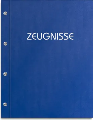 Produktbild von Zeugnismappe im blauen Einband in Lederoptik, mit hochwertigem Prägedruck in silber – handgefertigte Mappe mit 12 Sichthüllen für Zeugnisse, Urkunden