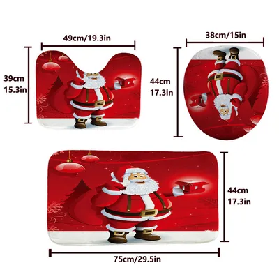 Image de (Père NoëlPère Noël) Rideau de douche de Noël, set de 4 pièces avec tapis antidérapant, housse de toilette et tapis de bain, rideau de douche de Noël