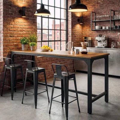 Immagine prodotto di Tavolo alto, 180 cm. Banco da bar industriale con supporto in metallo, piano rettangolare per cucina, sala da pranzo, bistrot (solo tavolo)