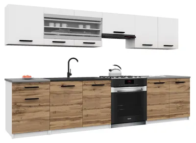 Produktbild von Belini Moderne Küchenzeile Küchenblock ITALIA 4 - Küchenmöbel 260cm Weiß-Goldbraun - Einbauküche mit Hängeschränke, Unterschränke & Arbeitsplatten