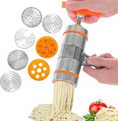 Produktbild von Nudelmaschine manuell aus Edelstahl mit 7 austauschbaren Formen für Pasta Nudeln Babynahrung und Fruchtsaft mit ergonomischem Griff