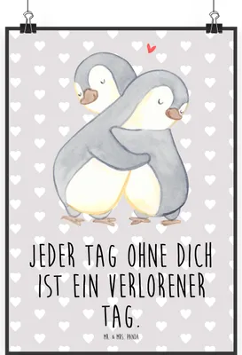 Produktbild von Mr. & Mrs. Panda Bild Pinguine Kuscheln DIN A2 - Grau Pastell - Geschenk, Valentinstag, Wandbild, kunstdruck poster, für Partner, Freundin, Mitbringsel, Posterdruck