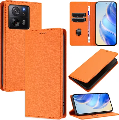 Produktbild von Litchi Leder Handyhülle für Xiaomi 13T / 13T Pro Wallet Kartenfächer Standfunktion Hülle Orange