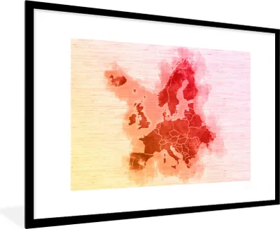 Produktbild von MuchoWow® MuchoWow® Gerahmtes Poster Karte von Europa - Aquarell - Rot 90x60 cm - Poster mit zchwarzem Bilderrahmen - Wanddekoration - Fotos