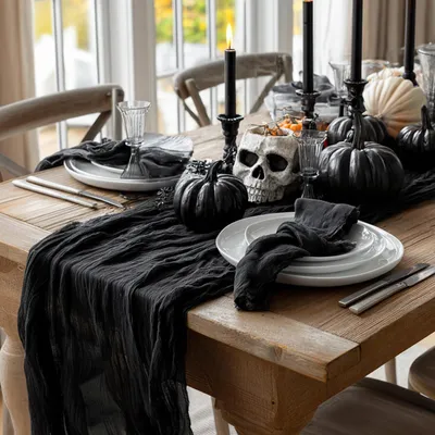 Produktbild von Mode Boho Käsetuch Gaze Schwarz Halloween Hochzeit Tischläufer 90x300 cm, Tisch Nachbildungation Party Geburtstag Valentinstag Babyparty Nachbildung