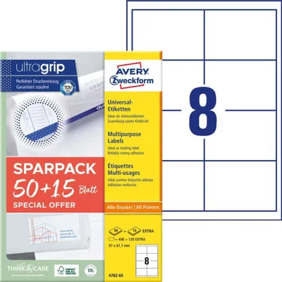 Produktbild von Avery Zweckform 4782-65 Universal-Etiketten, A4 mit ultragrip, 97 x 67,7 mm, 520 Etiketten/65 Bogen, weiß