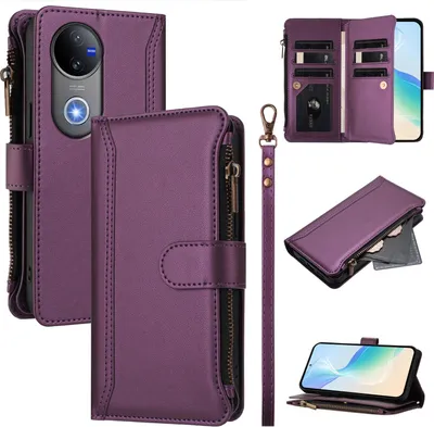 Obrázek produktu pro Pouzdro pro Vivo V50/V50E, zipem, peněženkovéPolyuretankožené flip pouzdro s kapsami na karty, stojánkem a poutkem na ruku Fialová