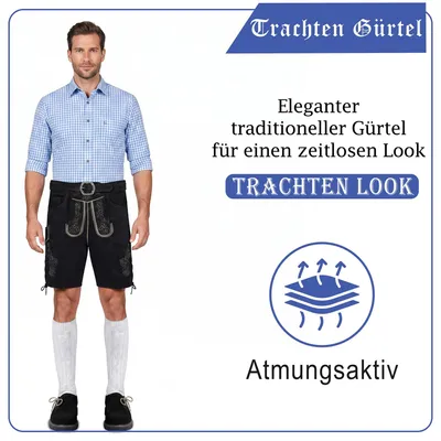 Produktbild von Herren Trachtengürtel aus Echtleder Trachten Lederhosen Gürtel mit Trachten Schnalle, Größe:54-56, Farbe:Schwarz
