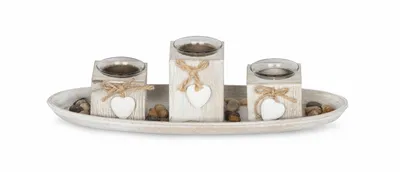 Produktbild von Windlicht Set 39x14cm Holztablett Weiß Grau Shabby Chic Vintage Deko