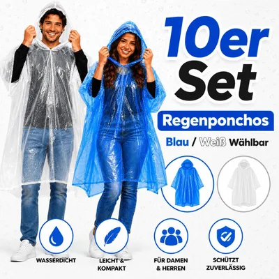 Produktbild von 10er Set Regenponcho Notfall Einweg Poncho Regencape mit Kapuze Regenmantel Weiß