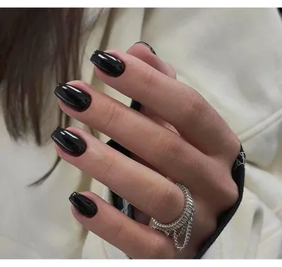 Image de Ongles factices mandarine courts modèle ballerine, couleur noire, gel transparent, boîte de 24 pièces