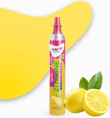 A product shot of a CO2 cylinder with lemons and leaves.