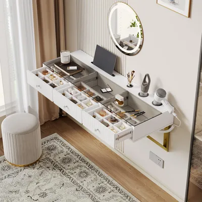 Image de OKWISH Coiffeuse Murale Table de Maquillage avec Plateau en Verre, 3 Tiroirs, Support Tablette et Porte-Gobelet - MDF et Verre - Blanc