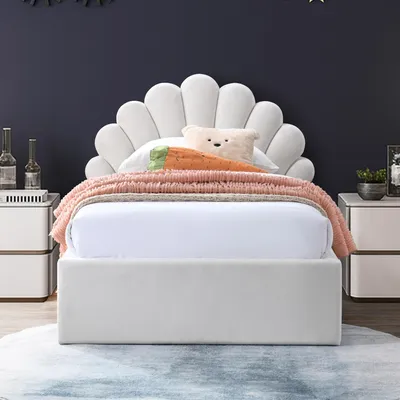 Obrázok produktu pre Detská posteľ Kids Collective s čalúnením, 90 x 200 cm, detská a mládežnícka posteľ s roštom a kovovým rámom | Čelo postele v elegantnom dizajne mušle | Béžová