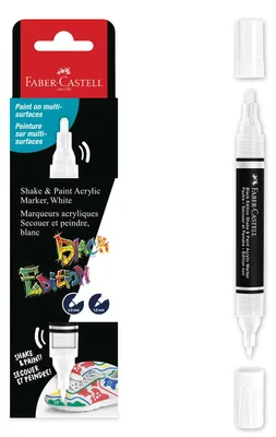 Produktbild von Faber-Castell 285511 Black Edition Shake & Paint Neon Acrylmarker, White Moon Farbe, Dualspitze 3 mm & 1 mm, wasserfest, geeignet für verschiedene Obe