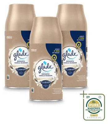 Zdjęcie produktu dla 3 sztuki, wkład zapachowy do automatycznego dyfuzora Glade, zapach Romantic Vanilleblüte, pojemność 269 ml, zestaw ekonomiczny