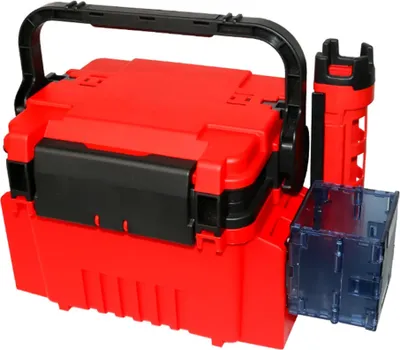 Produktbild von Leichter und tragbarer Angelkoffer aus robustem ABS-Material, doppeltem Stauraum, Rutenhalter, Becherhalter und Deckel als Arbeitstisch - Rot.
