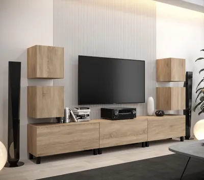 Produktbild von Furnitech Wohnwand Wohnzimmer - Wohnzimmer Möbel mit LED RGB - 16 Farben - Hängend Wohnwand Modern - Regale und TV Schrank (AN107-21S-M5)
