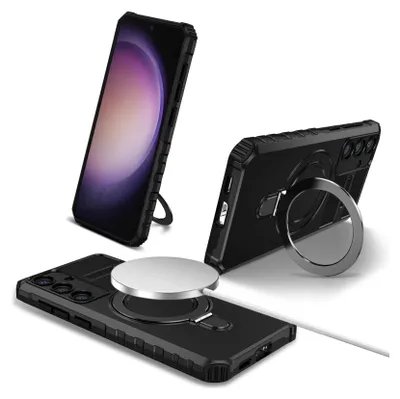 Three views of a black smartphone case with integrated ring stand and magnetic charging feature, shown with a phone and charging puck.