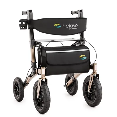 Produktbild von Helavo Outdoor Rollator mit Luftbereifung – Faltbarer Rollator mit Sitz & Rückenlehne für den Außenbereich, Gold