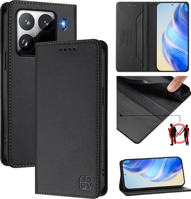 Obrázek produktu pro Kožené pouzdro pro Xiaomi 15 Pro, flipové pouzdro s přihrádkami na karty, peněženkou a stojánkem Černý