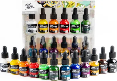 Produktbild von Mont Marte Acryl Tinte - Acryl Color Ink, 12 x 20 ml, leuchtende Farben, wasserfest nach dem Trocknen, vielseitig einsetzbar für feine Details
