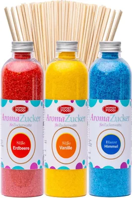 Produktbild von Hopser Food Fun Zucker für Zuckerwatte 3 x 230 Gramm für Zuckerwattemaschine Inklusive 50 Zuckerwattestäbe (Set 1 Erdbeer, Vanille, Kaugummi + 50 Stäbe)
