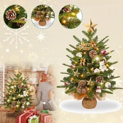 Zdjęcie produktu dla Sztuczna choinka LZQ 60 cm z 30 diodami LED i 6 szyszkami, mini sztuczna choinka, choinka stołowa PE + PVC, dekoracja świąteczna, jodła, materiał PVC, w tym drewniana podstawa
