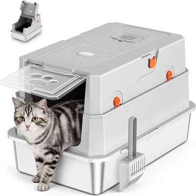 Productafbeelding van Kattenbak XXL - roestvrij staal - met klapdeksel - gesloten of open te gebruiken - met schep - 58 x 38 x 38 cm