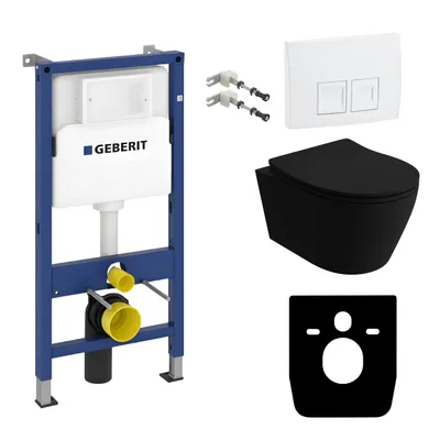 Produktbild von GEBERIT Geberit Duofix Basic Vorwandelement + Wand-WC Tiefspül Praia Becken Schwarz Spülrandlos + Bedienplatte Delta 25 für Doppelspülung